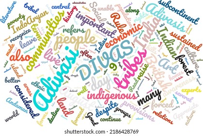 Adivasi Divas Day 9 August Word Cloud In Vector Art Creative Colourful White Back Ground
