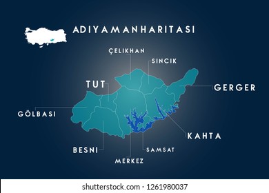 Adiyaman districts Besni, Celikhan, Gerger, Golbasi, Kahta, Samsat, Sincik, Tut map, Turkey