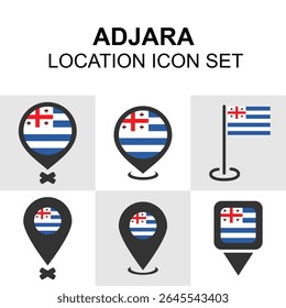 Ícone de localização Adjara definido com pinos de mapa e símbolos de bandeira nacional. Ideal para aplicativos de viagem, interfaces de navegação e visuais geográficos.