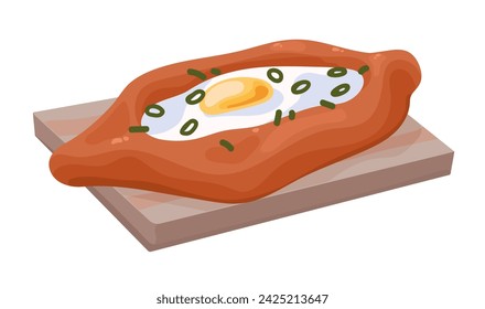 Adjarian khachapuri. Georgian traditional bread filled with cheese, egg. Fresh baked street food of Georgia, homemade bakery, tasty lunch eating. Flat isolated vector illustration on white background