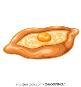 Adjaruli khachapuri, cartoon traditional Georgian cheese bread. Open rustic savory pie of Ajara with runny egg yolk, breakfast or lunch food mascot, cartoon khachapuri snack vector illustration