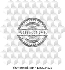 Adjective grey emblem with cube white background