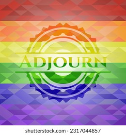 Adjourn emblem on mosaic background with the colors of the LGBT flag. 