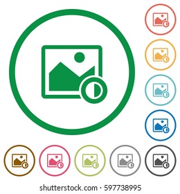 Adjust image contrast flat color icons in round outlines on white background