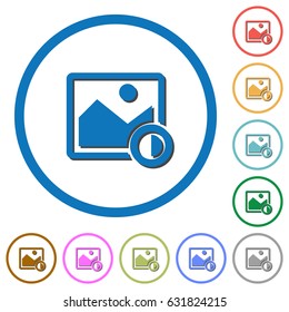 Adjust image contrast flat color vector icons with shadows in round outlines on white background