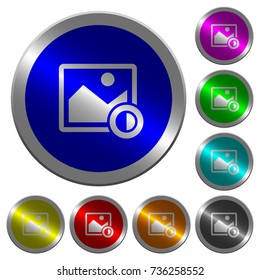 Adjust image contrast icons on round luminous coin-like color steel buttons