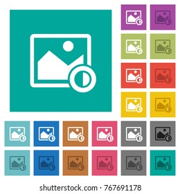 Adjust image contrast multi colored flat icons on plain square backgrounds. Included white and darker icon variations for hover or active effects.