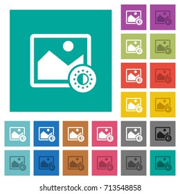 Adjust image saturation multi colored flat icons on plain square backgrounds. Included white and darker icon variations for hover or active effects.