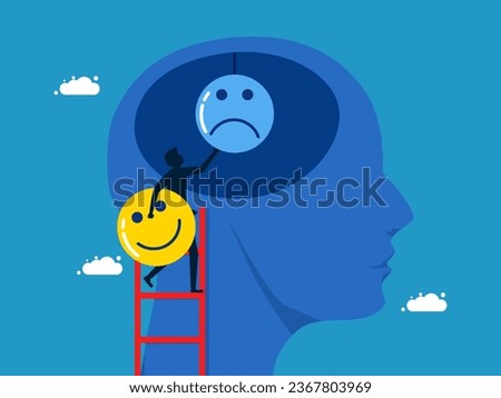 Adjust the mood in head. man stands turning icon of joy and sorrow