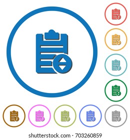 Adjust note priority flat color vector icons with shadows in round outlines on white background