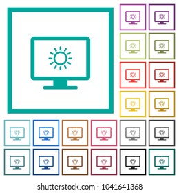Adjust screen brightness flat color icons with quadrant frames on white background