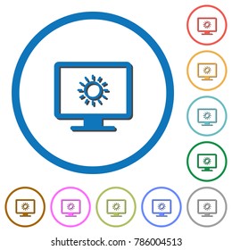 Adjust screen brightness flat color vector icons with shadows in round outlines on white background