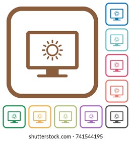 Adjust screen brightness simple icons in color rounded square frames on white background