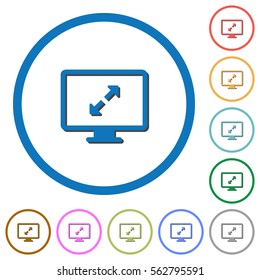Adjust screen resolution flat color vector icons with shadows in round outlines on white background