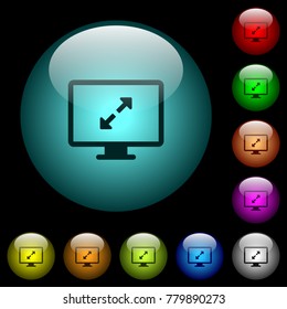 Adjust screen resolution icons in color illuminated spherical glass buttons on black background. Can be used to black or dark templates
