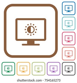 Adjust screen saturation simple icons in color rounded square frames on white background