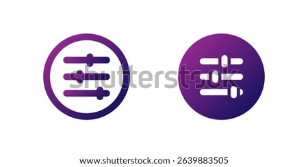 Adjust Slider Icon Set. A purple gradient icon of a horizontal slider with adjustment markers, ideal for media players or settings interfaces.