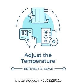 Adjust temperature soft blue concept icon. Maintaining thermostat settings. Energy saving tip. Sustainability. Round shape line illustration. Abstract idea. Graphic design. Easy to use in article