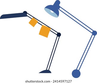 Adjustable blue desk lamp with a light on, yellow post-it notes attached. Modern office workspace vector illustration.