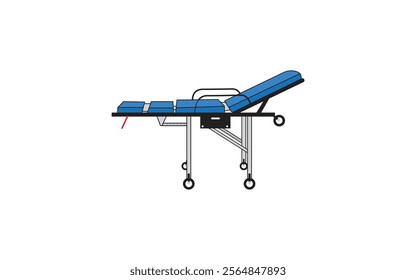 Adjustable blue medical stretcher with a metal frame and wheels, designed for patient transport in emergency, clinical, and hospital settings, vector on white background.