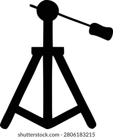 Adjustable camera tripod stand features panning head and mounting plate design isolated black silhouette for photography video recording equipment and studio gear vector illustration.