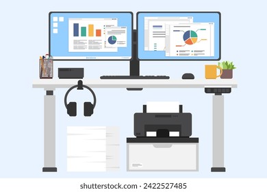 Adjustable desk with computer and printer, Computer with two monitor, Front view of modern worktables, Workplace and working space concept.