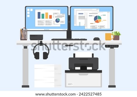 Adjustable desk with computer and printer, Computer with two monitor, Front view of modern worktables, Workplace and working space concept.
