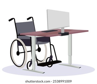 Mesa ajustável para pessoas com deficiência ajustando a mesa do computador com cadeira de rodas para configuração de local de trabalho com computador e mesa de computador sem fio. Oferecendo conveniência para usuários de computador. 