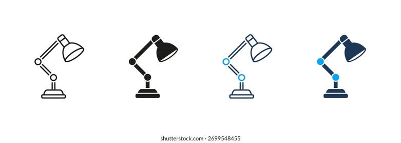 Linha De Lâmpada De Mesa Ajustável E Conjunto De Ícones Sólidos. Iluminação De Tarefa, Iluminação De Espaço De Trabalho E Coleção De Símbolos De Decoração De Escritório. Design Versátil Para Uso Doméstico E Comercial. Ilustração de vetor isolada.