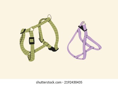 
Adjustable dog harnesses. Accessory for pet animals cartoon vector illustration isolated on white background. Cute bright different harnesses.
