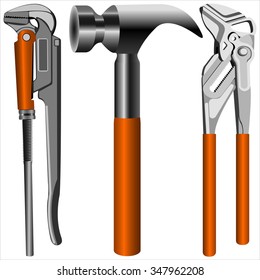 adjustable gas keys and a locksmith's hammer on white background vector