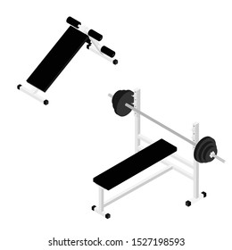 Adjustable gym bench and bench with barbell isolated on white background isometric view