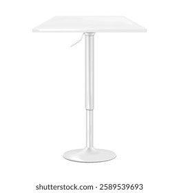 Adjustable height single metal leg cocktail table with white square countertop. Realistic 3d vector mockup. High pedestal chrome gas lift base rectangle counter bar table. Mock-up. Template for design