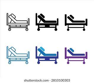 Adjustable hospital bed icons in various line and fill styles. Vector symbols for patient recovery ward. Professional medical furniture graphics for clinic apps and healthcare infrastructure.