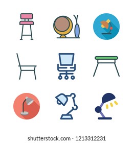 adjustable icon set. vector set about chair, office chair and desk lamp icons set.
