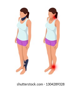 Adjustable immobilizer for injuries of bones and muscles. Neck pain, neck injury, sprain or tearing of the leg ligaments. Rehabilitation after trauma. Orthopedics and medicine. Isometric vector