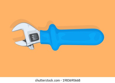 Adjustable metal wrench with a rubberized handle on a bright background. 