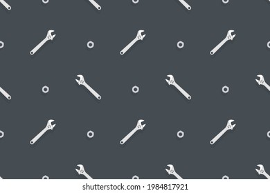 Adjustable metal wrench seamless pattern. Background from a metal wrench and nut. 