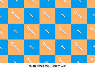 Adjustable metal wrench seamless pattern. Background from a metal wrench and a bolt. 