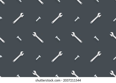 Adjustable metal wrench seamless pattern. Background from a metal wrench and nut. 