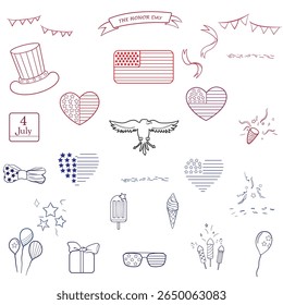 Traço de contorno ajustável, Conjunto de ícones 24 an, linha de saída, símbolos do Dia da Independência dos EUA. Adequado para web, aplicativos de infográficos e apresentação. 4 de julho. Isolado no fundo branco.