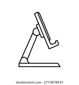 Adjustable phone holder stand in minimalist design supporting a smartphone in upright position for hands free viewing white background