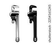 Adjustable pipe wrench. Black and white vector illustration of mechanical tools isolated on white background.