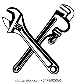 Adjustable pipe wrench crossed icon. plumbing service logo design vector illustration