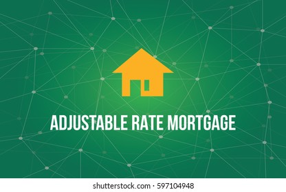 adjustable rate mortgage white text illustration with yellow house silhouette and green constellation as background