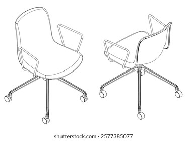 Adjustable Rolling Chair, Office chair editable vector illustration on white background. chair Line art, clip art. swivel chair, Hand-drawn design elements.