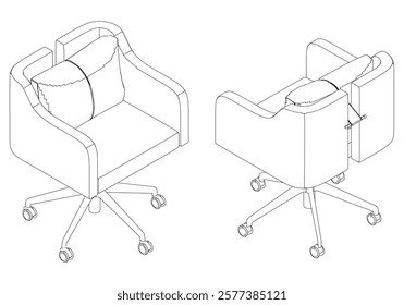 Adjustable Rolling Chair, Office chair editable vector illustration on white background. chair Line art, clip art. swivel chair, Hand-drawn design elements.