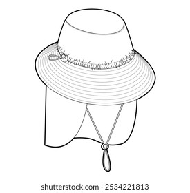 Adjustable Sahara Outdoor Bucket Hat with Cord Stopper. Summer Head Fashion accessory cap clothing technical illustration. Vector headgear for Men, women, unisex style, flat template CAD mockup sketch