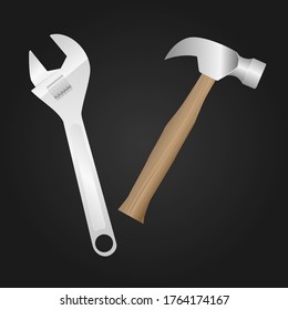 Adjustable Spanner and Hammer Vector Illustration