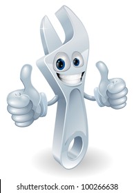 Adjustable spanner man mascot giving a double thumbs up and smiling